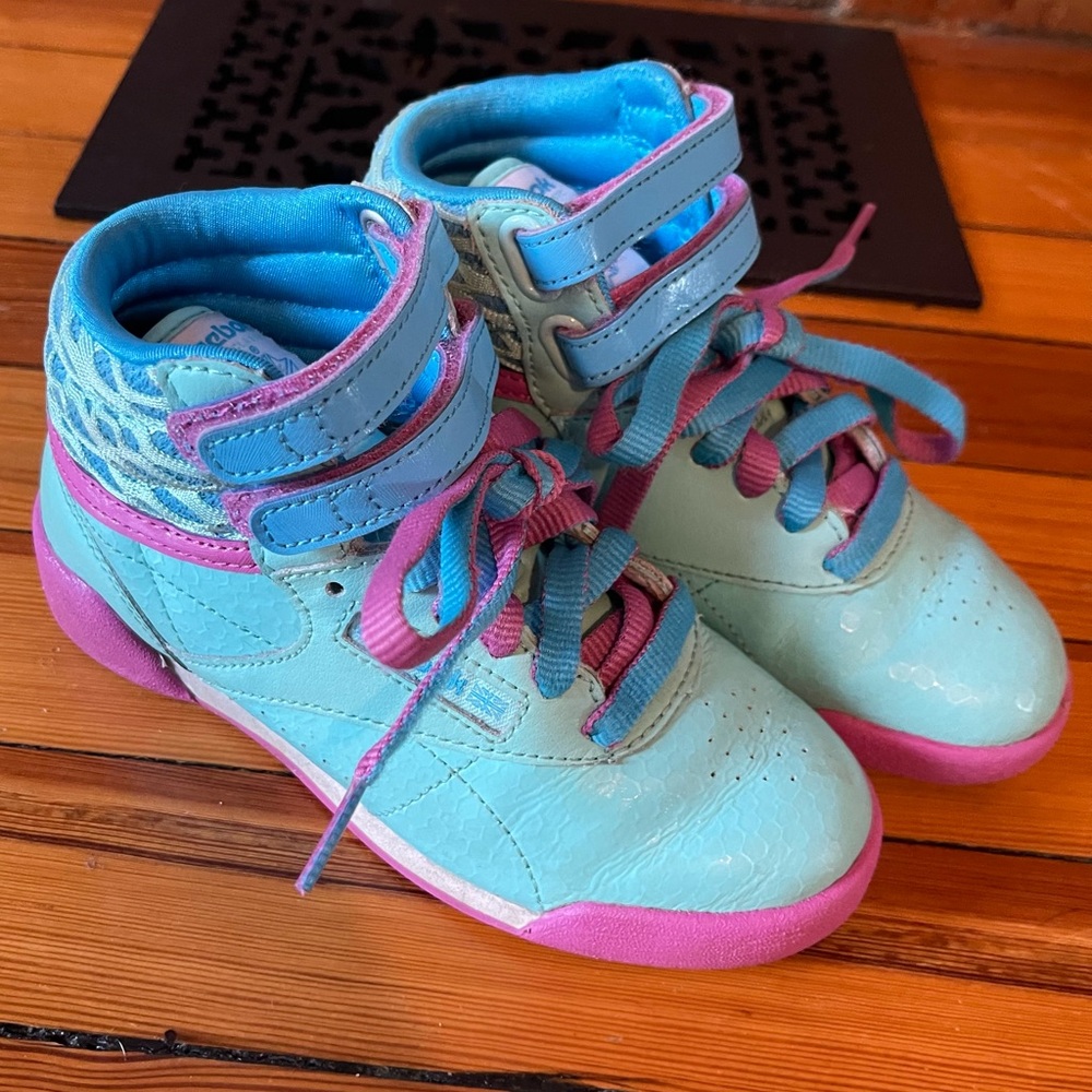 Little girls blue and pink Reebok high top sneakers. Toddler 11.5